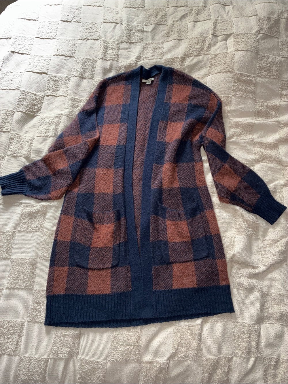 American Eagle Outfitters Navy and Rust Plaid Open-Front Cardigan - Picture 3 of 6